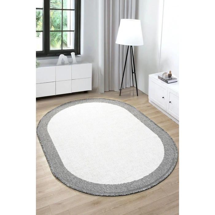 Oval Gri Halı Bordür Modern Oturma Odası Salon Mutfak Koridor Antre Balkon Çocuk Odası Halısı 0020