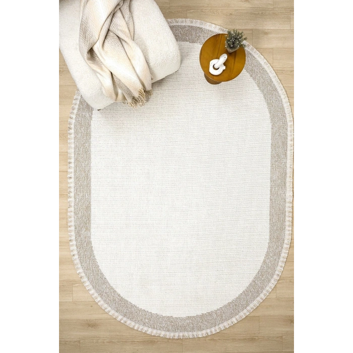 Oval Beyaz Halı Bordür Modern Oturma Odası Salon Mutfak Koridor Antre Balkon Çocuk Odası Halısı 0021