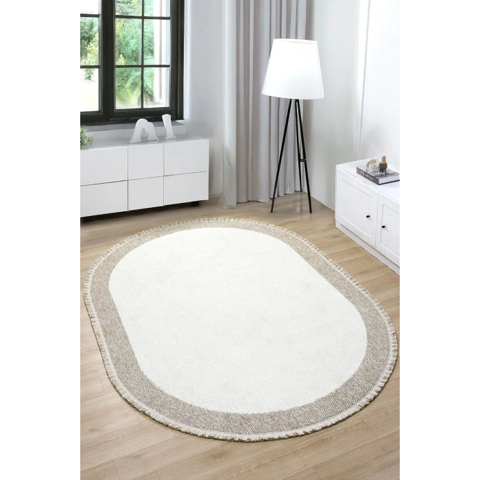 Oval Beyaz Halı Bordür Modern Oturma Odası Salon Mutfak Koridor Antre Balkon Çocuk Odası Halısı 0021