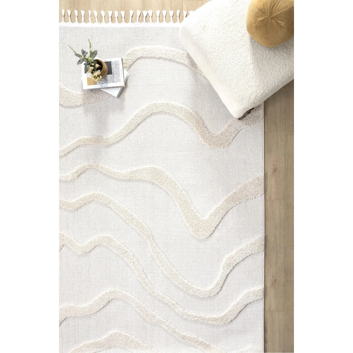 Krem Modern Dokuma Halı Püsküllü Yolluk Antre Oturma Odası Salon Mutfak Çocuk Odası Halısı
