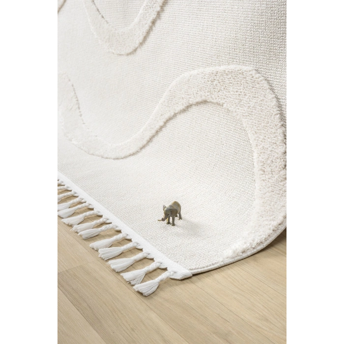 Krem Modern Dokuma Halı Püsküllü Yolluk Antre Oturma Odası Salon Mutfak Çocuk Odası Halısı