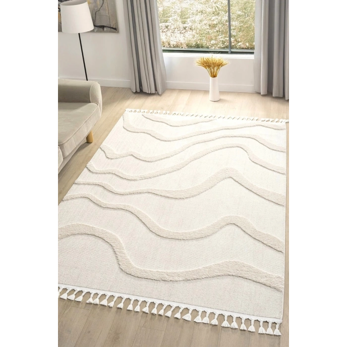 Krem Modern Dokuma Halı Püsküllü Yolluk Antre Oturma Odası Salon Mutfak Çocuk Odası Halısı