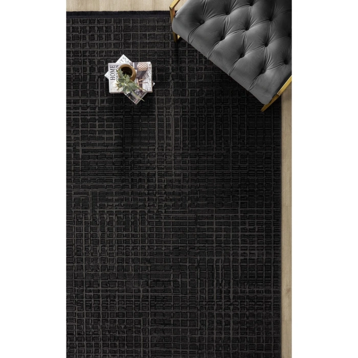 Modern Siyah Saçaklı Dokuma Halı Yolluk Antre Oturma Odası Salon Mutfak Halısı