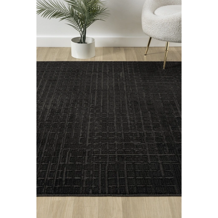 Modern Siyah Saçaklı Dokuma Halı Yolluk Antre Oturma Odası Salon Mutfak Halısı