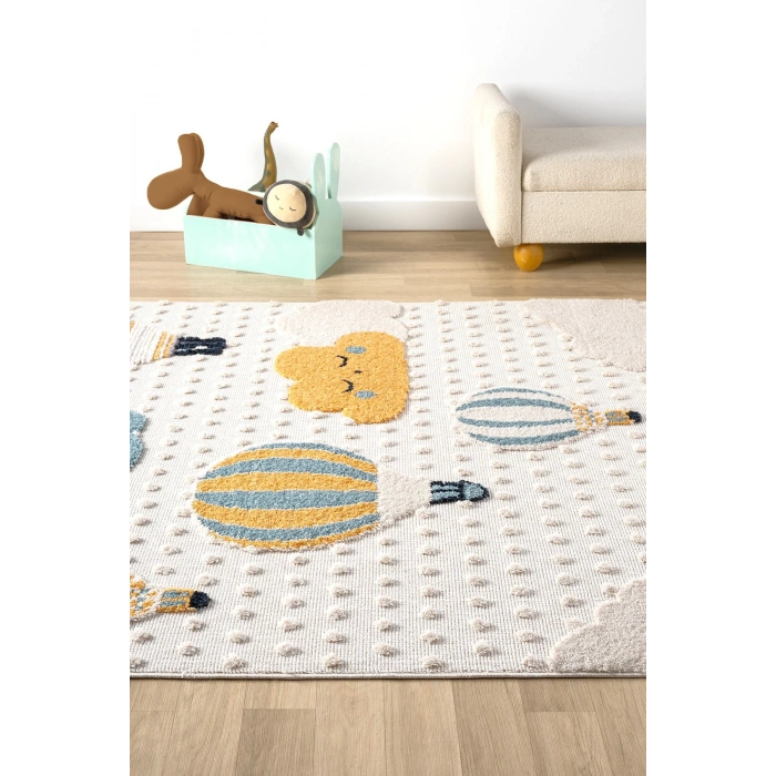 Yumuşak Bukleli Bebek Odası Çocuk Odası Genç Odası Dokuma Halı Mavi Balonlu Bulutlu Halı 22