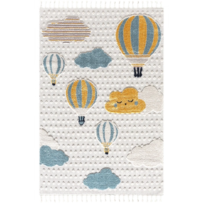 Yumuşak Bukleli Bebek Odası Çocuk Odası Genç Odası Dokuma Halı Mavi Balonlu Bulutlu Halı 22