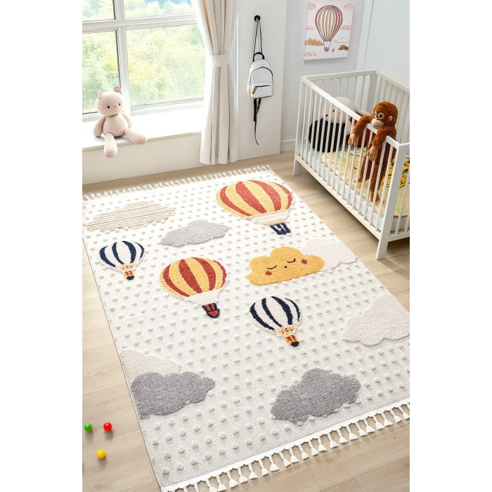 Yumuşak Bukleli Bebek Odası Çocuk Odası Genç Odası Dokuma Halı Turuncu Balonlu Bulutlu Halı 23