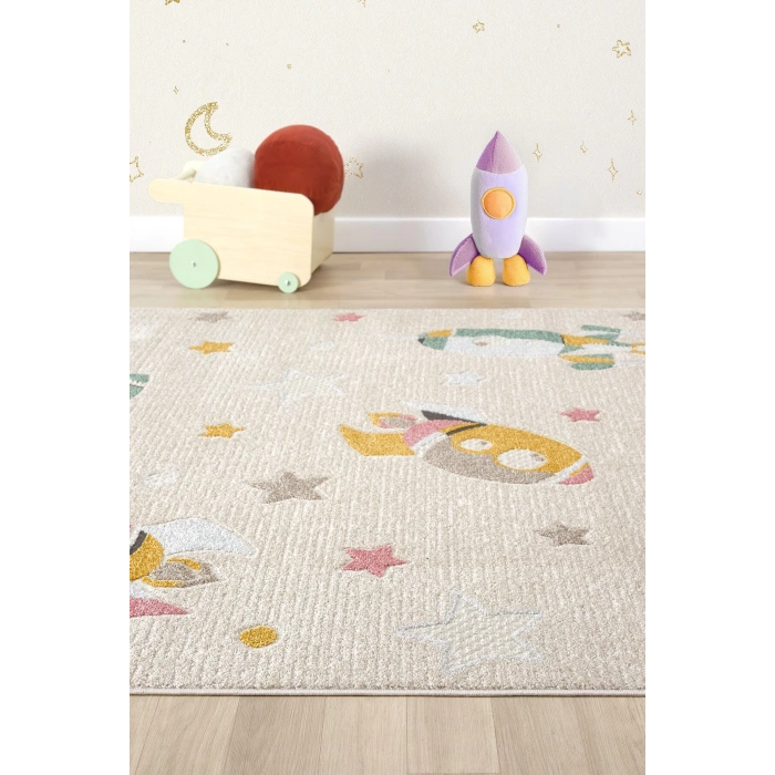 Yumuşak Dokuma Halı Leke Tutmaz Uçak Roket Figürlü Bebek Odası Çocuk Odası Genç Odası Halısı ROKET