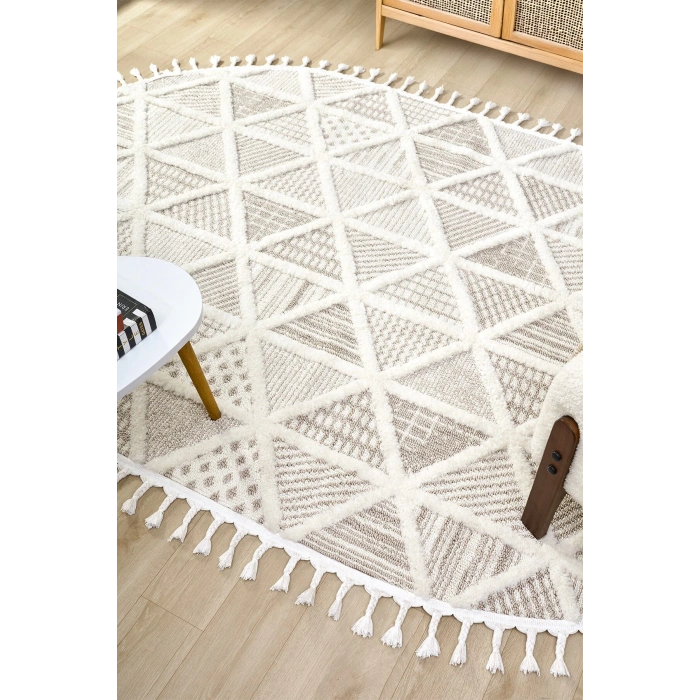 Krem Bej Dokuma Oval Halı Antre Çocuk Odası Oturma Odası Salon Mutfak Halısı OVAL