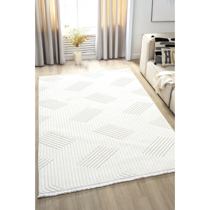 Beyaz Yumuşak Dokulu Halı Kilim Salon Mutfak Koridor Yolluk Dokuma Makine Halısı 001