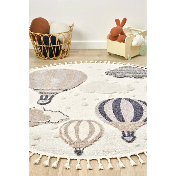 Daire Yuvarlak Krem Yumuşak Bukleli Balonlu Bulutlu Dokuma Halı Bebek Çocuk Odası Halısı 16 DAİRE