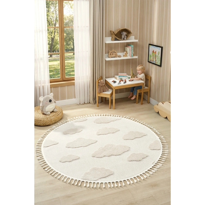 Daire Yuvarlak Bulut Desenli Krem Renk Dokuma Halı Bebek Odası Çocuk Odası Halısı 1 DAİRE