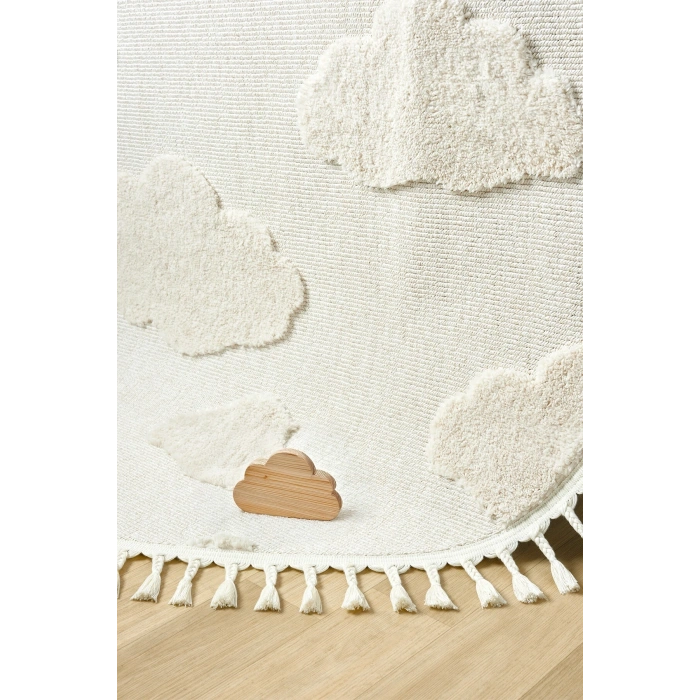 Daire Yuvarlak Bulut Desenli Krem Renk Dokuma Halı Bebek Odası Çocuk Odası Halısı 1 DAİRE