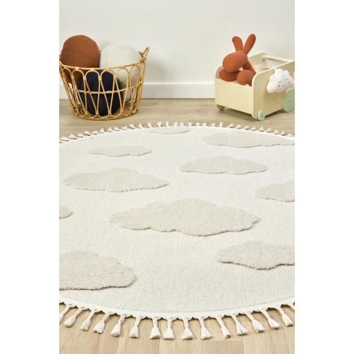 Daire Yuvarlak Bulut Desenli Krem Renk Dokuma Halı Bebek Odası Çocuk Odası Halısı 1 DAİRE