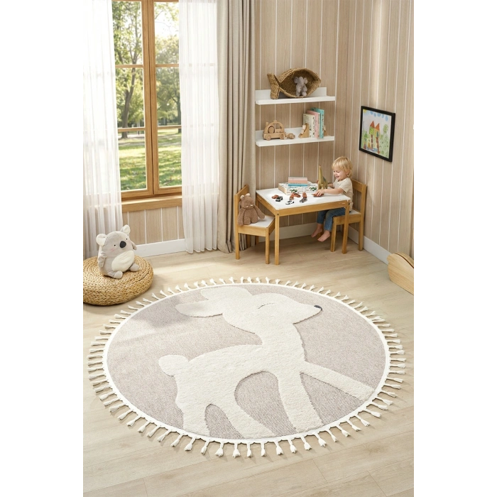 Daire Yuvarlak Bej Krem Yumuşak Bukleli Dokuma Halı Bebek Odası Çocuk Odas Halısı 18 DAİRE