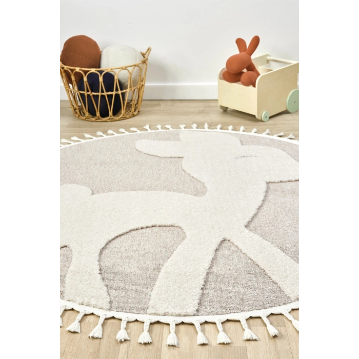Daire Yuvarlak Bej Krem Yumuşak Bukleli Dokuma Halı Bebek Odası Çocuk Odas Halısı 18 DAİRE