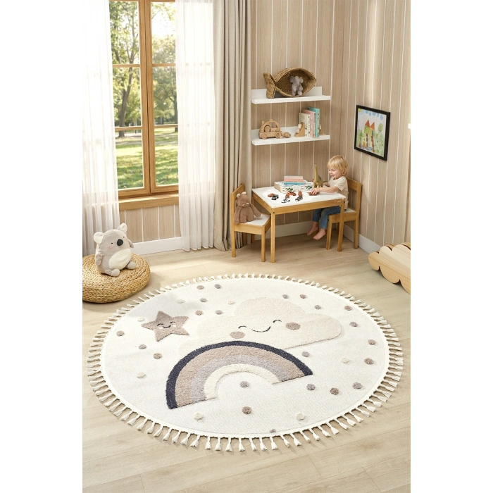Daire Yuvarlak Yumuşak Bukleli Gökkuşağı Figürlü Dokuma Halı Bebek Odası Çocuk Odası Halısı 20 DAİRE