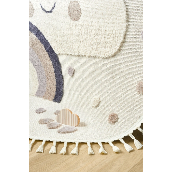 Daire Yuvarlak Yumuşak Bukleli Gökkuşağı Figürlü Dokuma Halı Bebek Odası Çocuk Odası Halısı 20 DAİRE