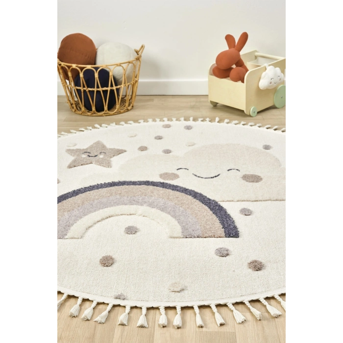 Daire Yuvarlak Yumuşak Bukleli Gökkuşağı Figürlü Dokuma Halı Bebek Odası Çocuk Odası Halısı 20 DAİRE
