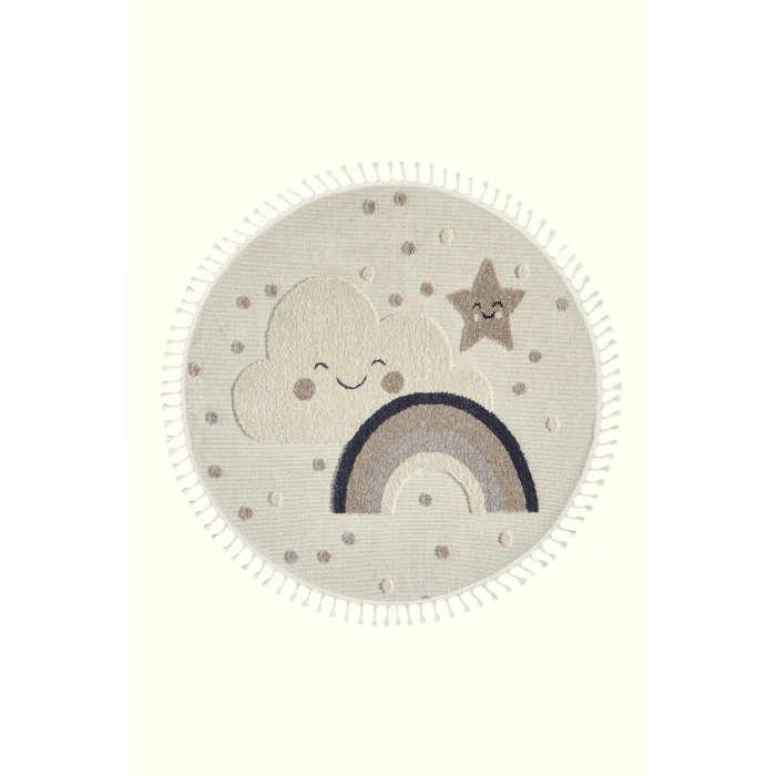 Daire Yuvarlak Yumuşak Bukleli Gökkuşağı Figürlü Dokuma Halı Bebek Odası Çocuk Odası Halısı 20 DAİRE