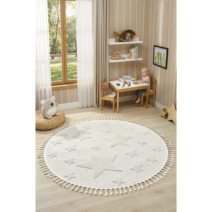Daire Yuvarlak Krem Renk Yıldız Yumuşak Bukleli Dokuma Halı Bebek Odası Çocuk Odası Halısı 12 DAİRE