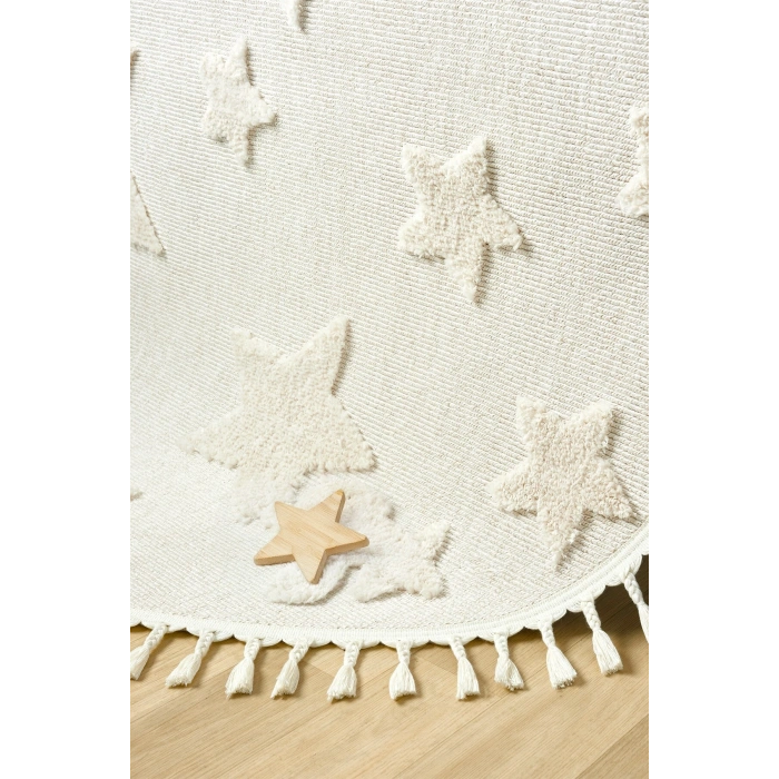 Daire Yuvarlak Krem Renk Yıldız Yumuşak Bukleli Dokuma Halı Bebek Odası Çocuk Odası Halısı 12 DAİRE