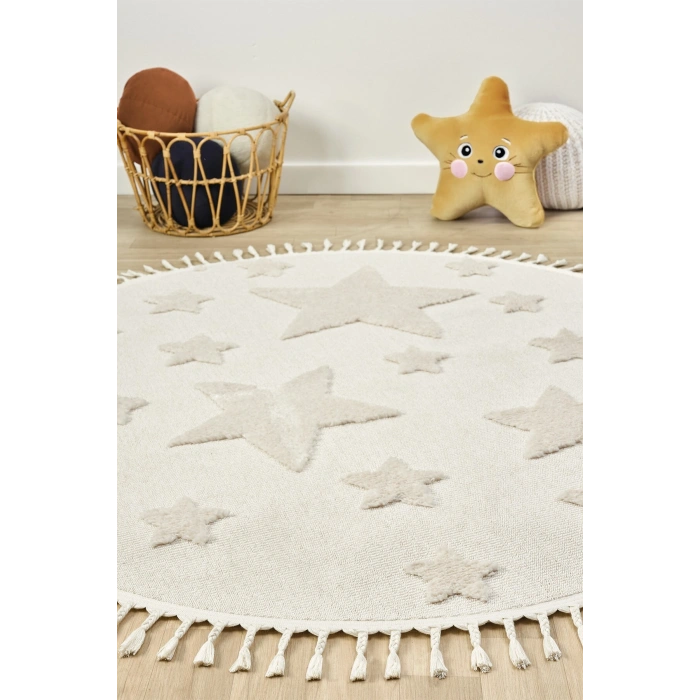Daire Yuvarlak Krem Renk Yıldız Yumuşak Bukleli Dokuma Halı Bebek Odası Çocuk Odası Halısı 12 DAİRE