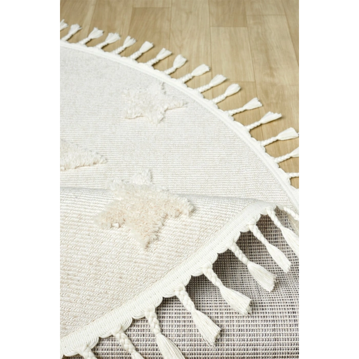 Daire Yuvarlak Krem Renk Yıldız Yumuşak Bukleli Dokuma Halı Bebek Odası Çocuk Odası Halısı 12 DAİRE