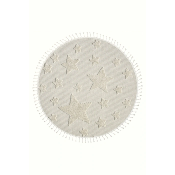 Daire Yuvarlak Krem Renk Yıldız Yumuşak Bukleli Dokuma Halı Bebek Odası Çocuk Odası Halısı 12 DAİRE