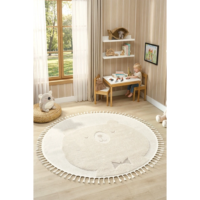 Yuvarlak Daire Dokuma Halı Krem Ayıcıklı Bebek Odası Çocuk Odası Genç Odası Dokuma Halı 24 DAİRE