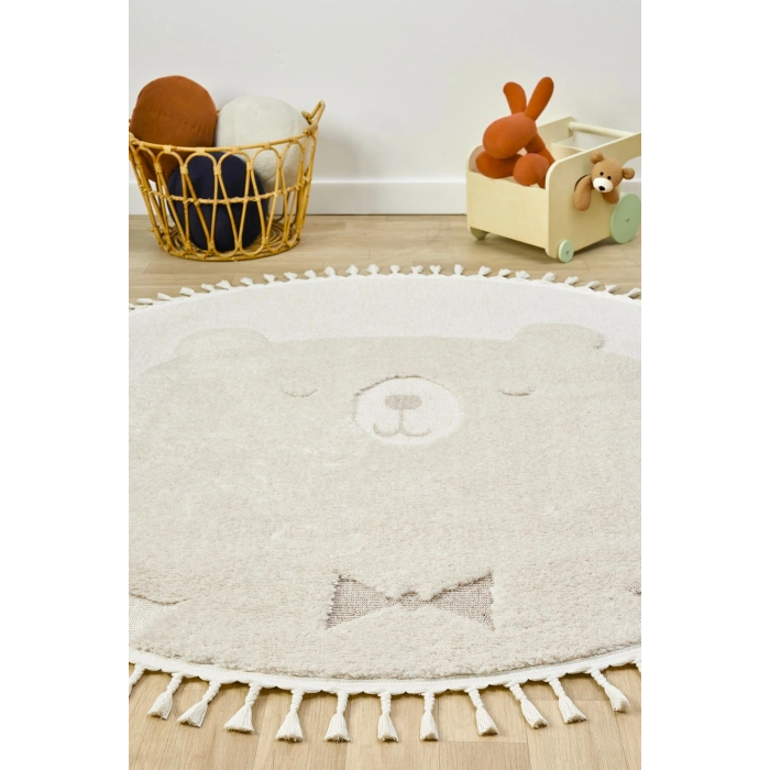Yuvarlak Daire Dokuma Halı Krem Ayıcıklı Bebek Odası Çocuk Odası Genç Odası Dokuma Halı 24 DAİRE