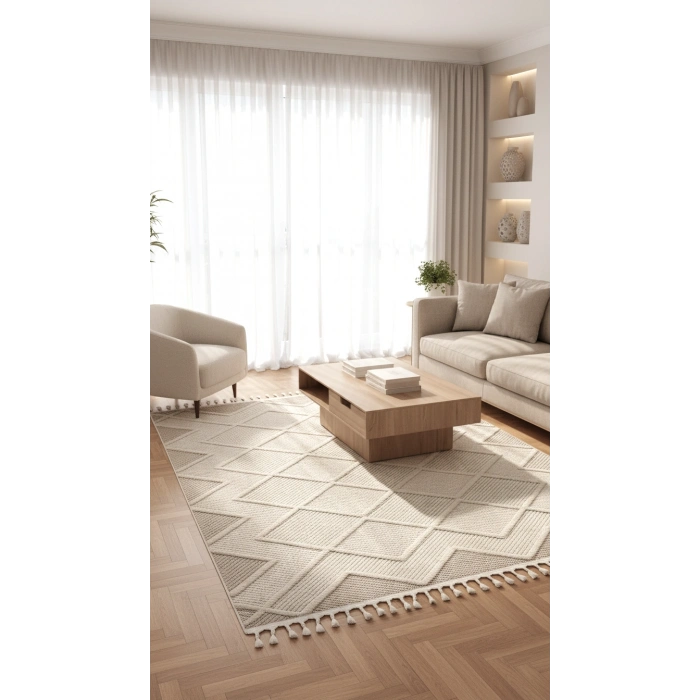 Krem Bej Modern Dokuma Halı Bukleli Yolluk Antre Oturma Odası Salon Mutfak Halısı
