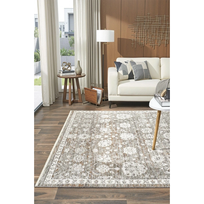 Eskitme Vintage Çiçekli Gri Halı Bambu Polyester Oturma Odası Salon Mutfak Halısı 7