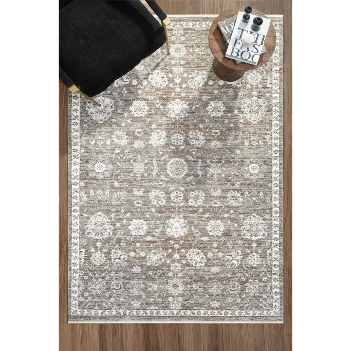 Eskitme Vintage Çiçekli Gri Halı Bambu Polyester Oturma Odası Salon Mutfak Halısı 7