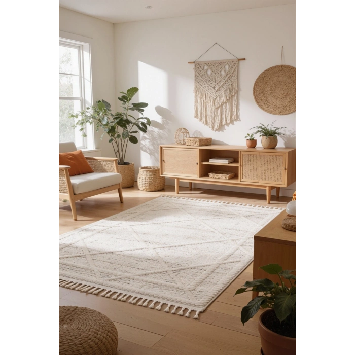 Krem Modern Desen Dokuma Halı Oturma Odası Salon Mutfak Antre Yolluk Halısı