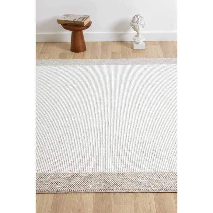 Beyaz Bej Yumuşak Yapılı Bordürlü Dokuma Halı Salon Mutfak Koridor Yolluk Dokuma Makine Halısı OO21