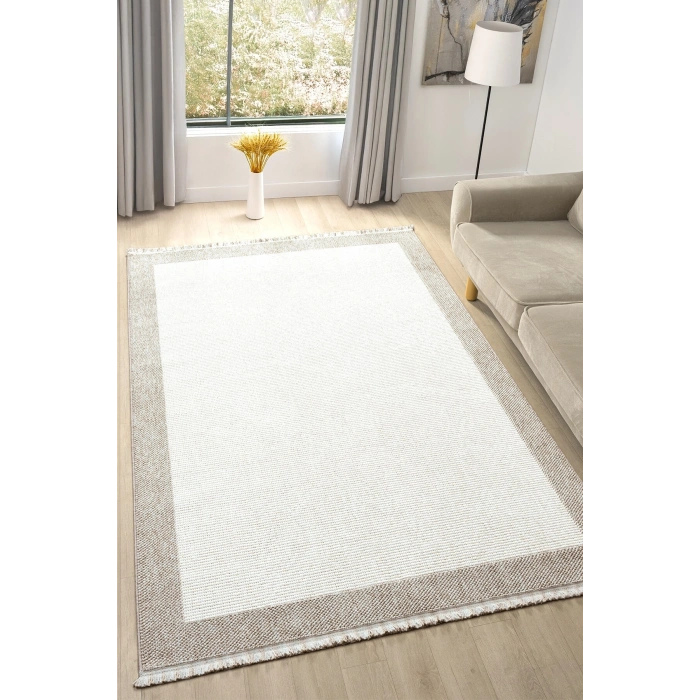 Beyaz Bej Yumuşak Yapılı Bordürlü Dokuma Halı Salon Mutfak Koridor Yolluk Dokuma Makine Halısı OO21