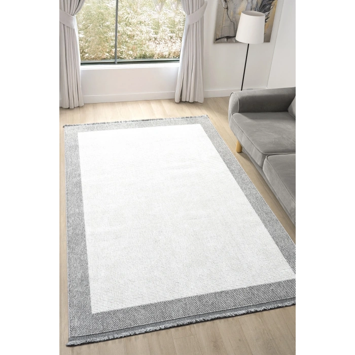 Beyaz Gri Yumuşak Dokuma Halı Bordürlü Salon Mutfak Koridor Yolluk Dokuma Makine Halısı OO20