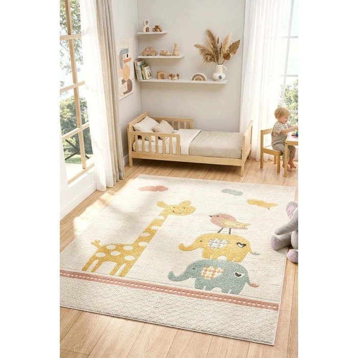 Yumuşak Dokuma Halı Zürafa Fil Figürlü Leke Tutmaz Bebek Odası Çocuk Odası Genç Odası Halısı FİL