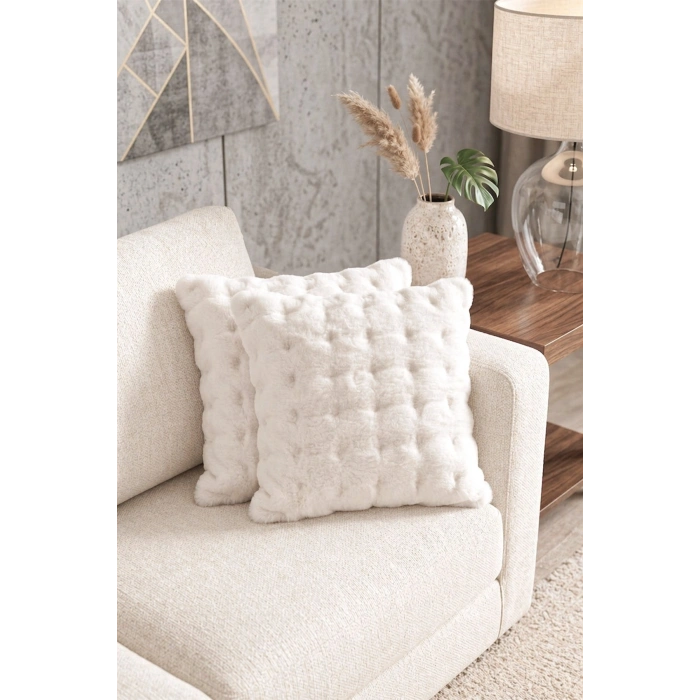 2li Bubble Tavşan Tüyü Beyaz Yastık Kırlent Kılıfı Çift Taraflı (43x43) BEYAZ