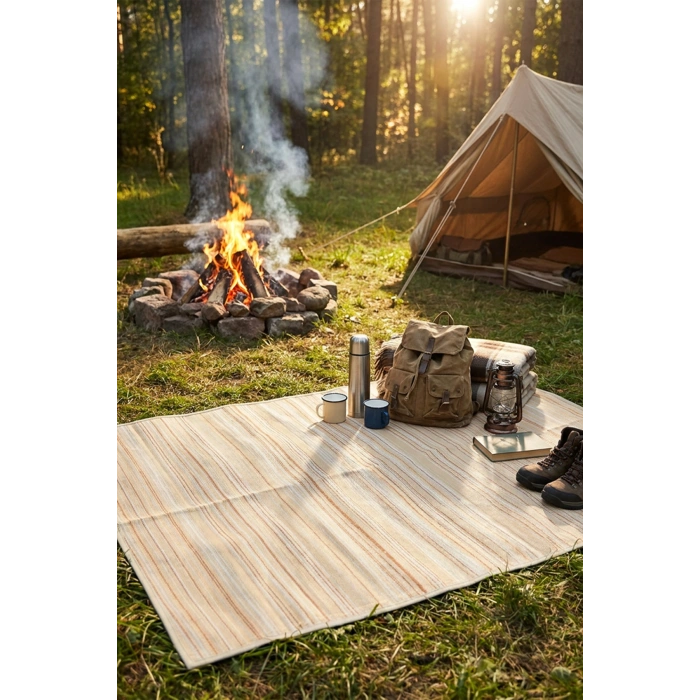 Havuz Plaj Piknik Bahçe Karavan Halısı Hasır Kilim Katlanabilir Halı Balkon Teras Bahçe Kamp Halısı KREM
