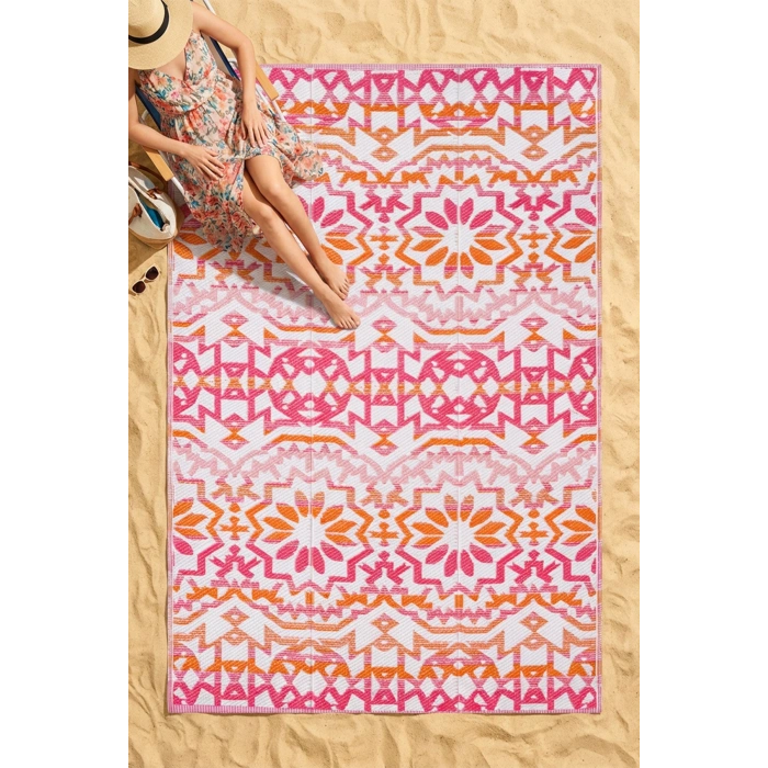 Havuz Plaj Piknik Karavan Halı Hasır Kilim Katlanabilir Balkon Teras Bahçe Kamp Halısı Çiçekli PEMBE