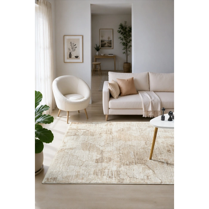 Eskitme Vintage Halı Krem Bambu Polyester Oturma Odası Salon Mutfak Halısı 12