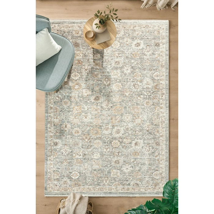 Eskitme Vintage Çiçekli Halı Krem Mavi Bambu Polyester Oturma Odası Salon Mutfak Halısı 14