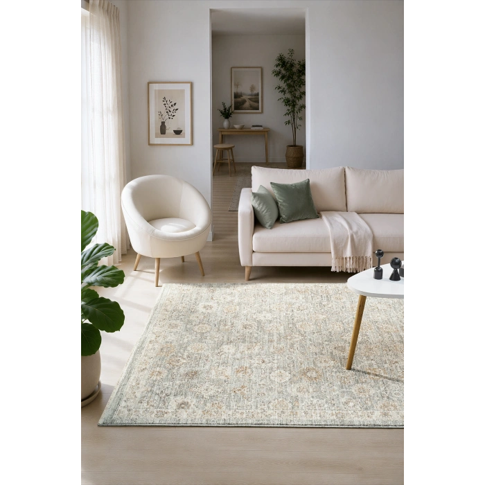 Eskitme Vintage Çiçekli Halı Krem Mavi Bambu Polyester Oturma Odası Salon Mutfak Halısı 14