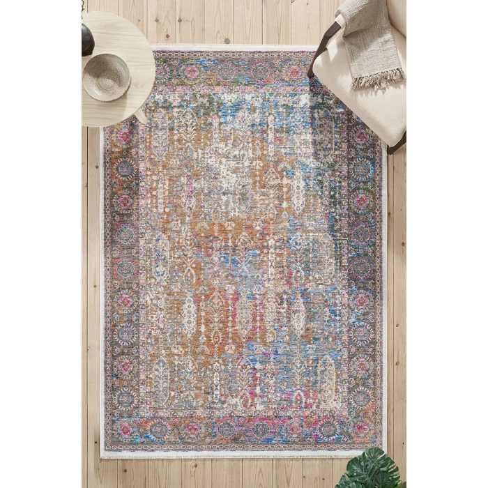 Çok Renkli Bordürlü Vintage Halı Bambu Polyester Oturma Odası Salon Mutfak Halısı 3