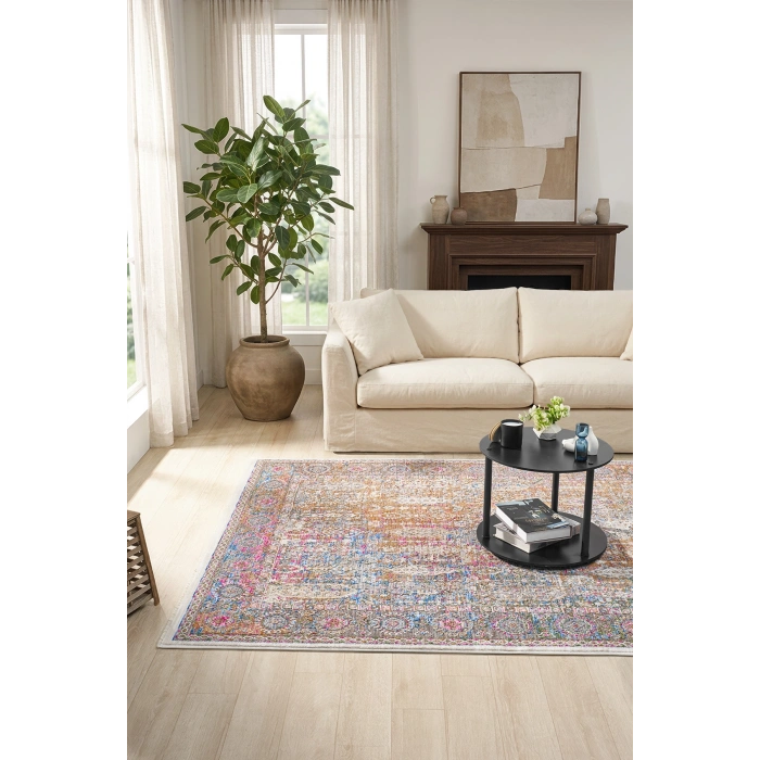 Çok Renkli Bordürlü Vintage Halı Bambu Polyester Oturma Odası Salon Mutfak Halısı 3