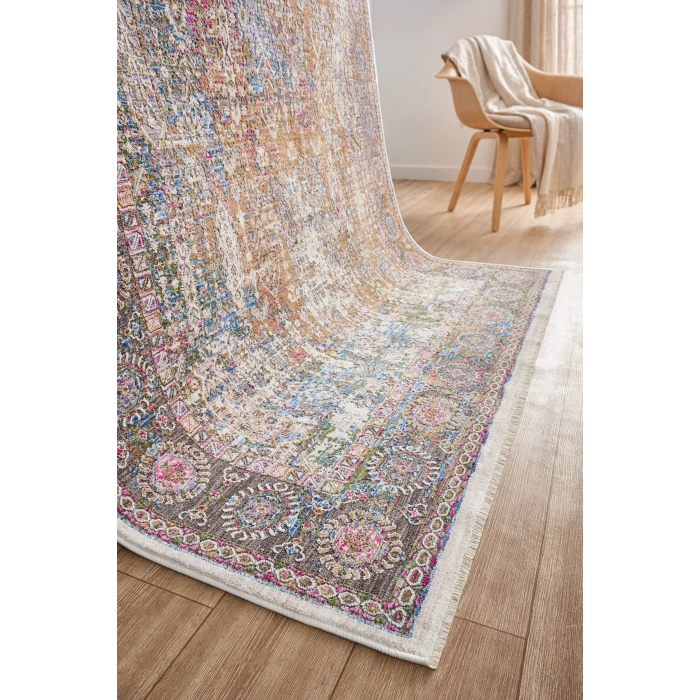 Çok Renkli Bordürlü Vintage Halı Bambu Polyester Oturma Odası Salon Mutfak Halısı 3
