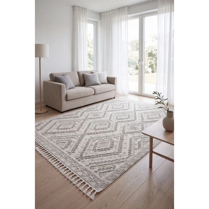 Krem Renk Modern Dokuma Halı Bukleli Yumuşak Halı Oturma Odası Salon Mutfak Antre Yolluk Halısı ORİS