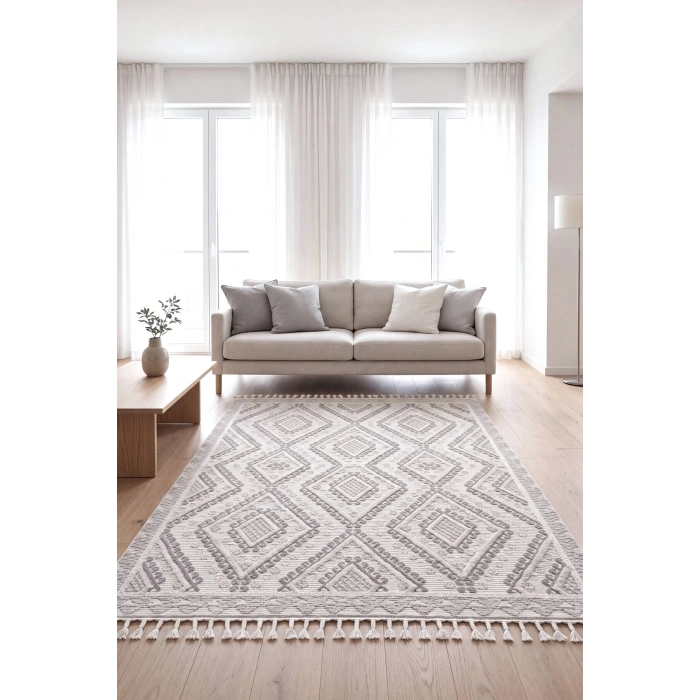 Krem Renk Modern Dokuma Halı Bukleli Yumuşak Halı Oturma Odası Salon Mutfak Antre Yolluk Halısı ORİS